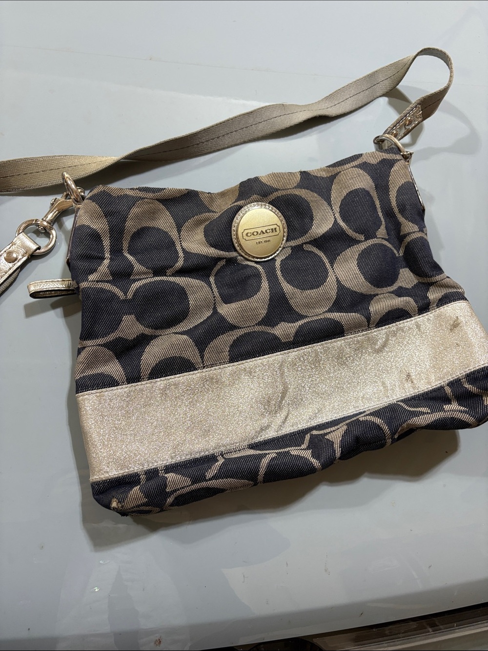 Coach Crossbody Bag in Black and Tan with Gold Accent Band